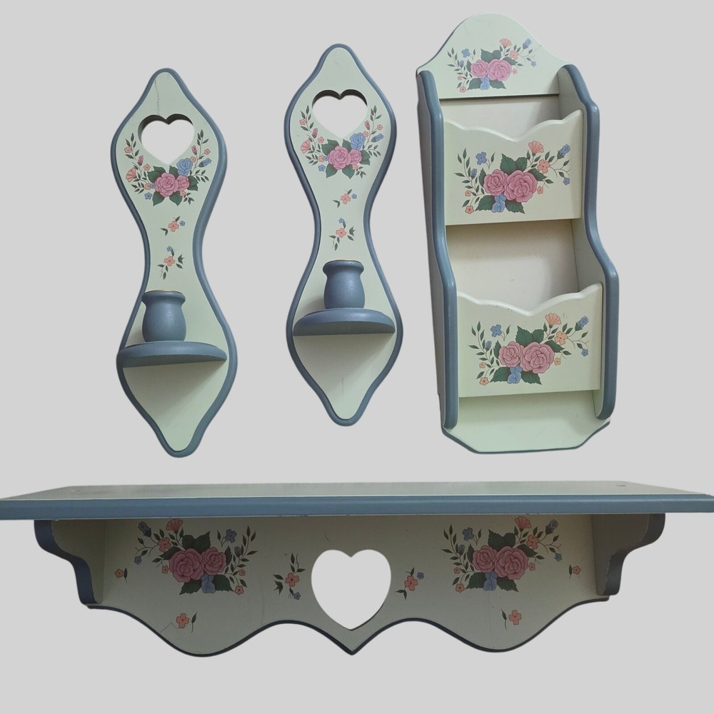 Cottage Core Wooden Wall Decor Set Floral Heart Shelf Sconces Organizer Vintage